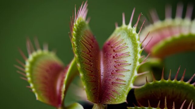 Close-up of Venus flytrap plant with vibrant green and red hues in detailed macro view