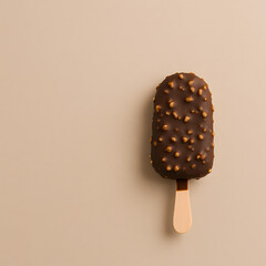 Obraz premium Chocolate coated ice cream bar with nuts on beige background
