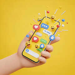 Hand holding a smartphone with social media icons and emojis floating around, against a yellow background