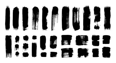 Collection of Black Brush Strokes and Paint Splatters on White Background