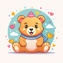 Cute Cartoon Bear with Hearts and Clouds