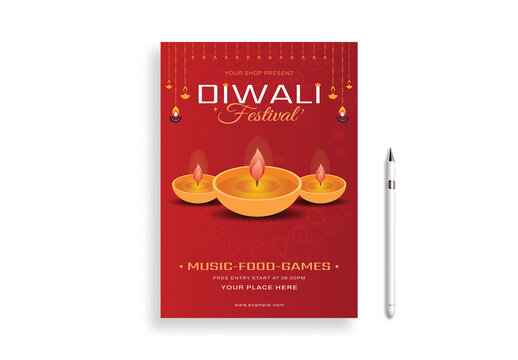 Traditional Indian Diwali Festival Flyer Template with Diya Lamps