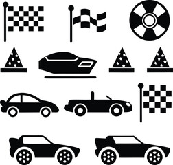 line art car and plan transport icon set 