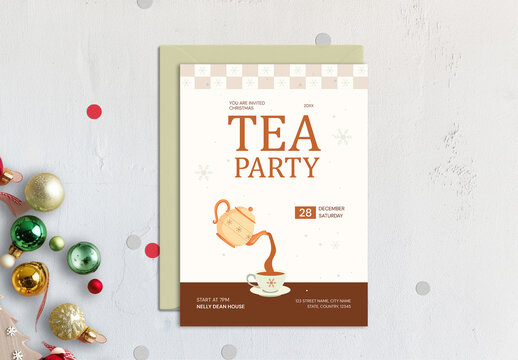 Christmas Tea Party Invitation Template with Teapot Illustration