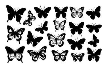 Collection of Black Butterfly Silhouettes on White Background