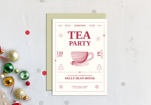 Retro Christmas Tea Party Invitation Template with Illustration