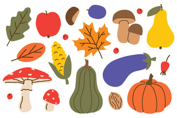 bundle of autumn design elements: apple, mushrooms, pumpkins, plum, pear, toadstool, eggplant, corn, chestnut and leaves- vector illustration