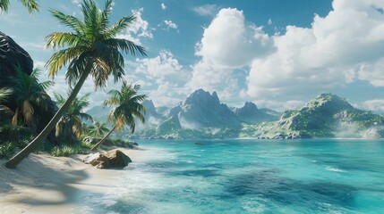 A tropical beach scene with palm trees sand turquoise water mountains and a bright cloudy sky day