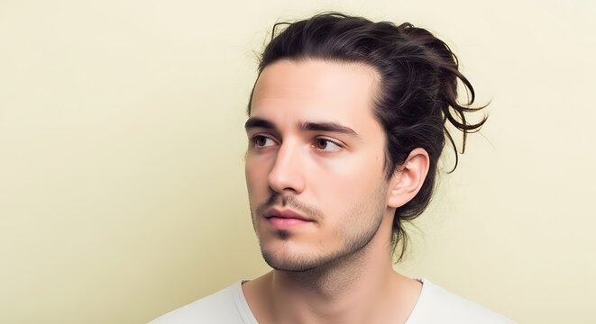 Portrait of a handsome young man with long dark hair tied in a bun looking thoughtfully to the side.