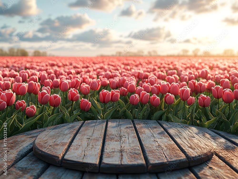 Poster a rustic round wooden table in the foreground offers a tranquil unobstructed view of an endless fiel