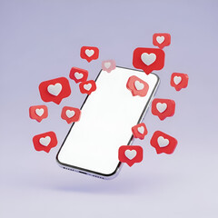 Smartphone with a blank screen surrounded by red heart like notification icons, isolated on purple background