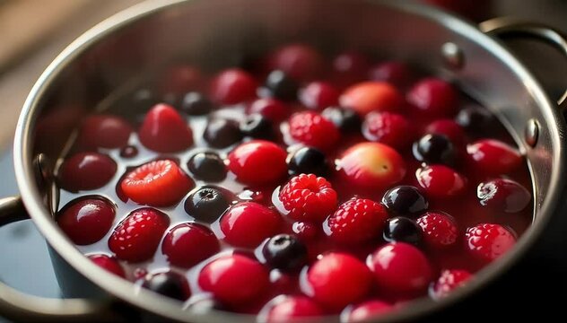 Mixed fruit compote simmering gently with berries, apples, and cinnamon sticks in pot 