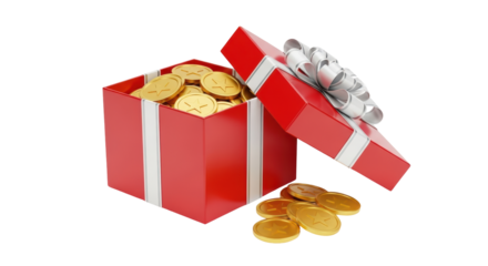 Isolated red gift box filled with golden coins, ribbon and bow on top with some coins outside
