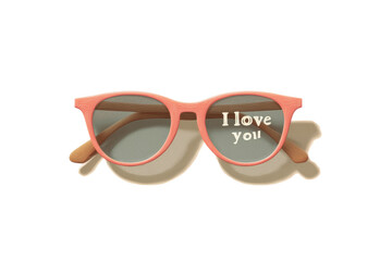 Pink sunglasses with "i love you" reflection and wooden temples, cut out