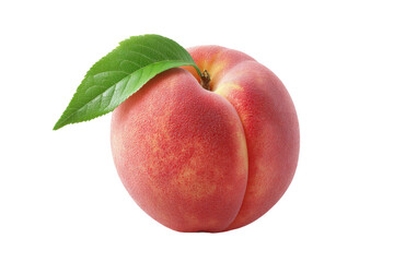 Vibrant ripe peach with green leaf on black background, cut out