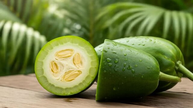Fresh green round gourd cut in half on a wooden surface with water droplets and blurred green foliage in the background.