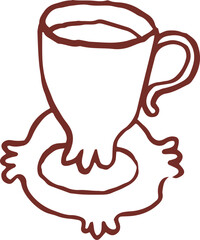 Cute hand drawn line art whimsical illustration of elegant coffee cup, tea cup with saucer. Hot drink in mug. Outlined vector clip art