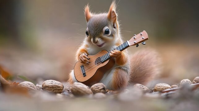 Adorable red squirrel playing a tiny ukulele amidst peanuts