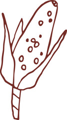 Cute hand drawn line art whimsical illustration of sweet corn. Outlined vector clip art