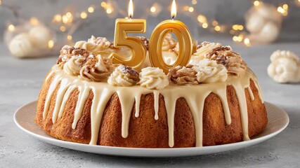 Delicious festive cake with golden number fifty candles celebrating 50th birthday or anniversary party