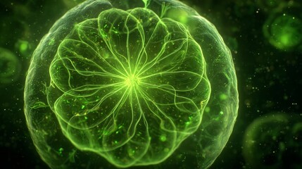 Glowing green cell structure: intricate patterns and organic complexity in microscopic view