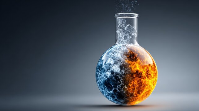 Sphere flask with dynamic elements of fire and water fusion