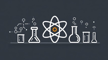 Scientific symbols and atom illustration with chemistry lab icons on dark background