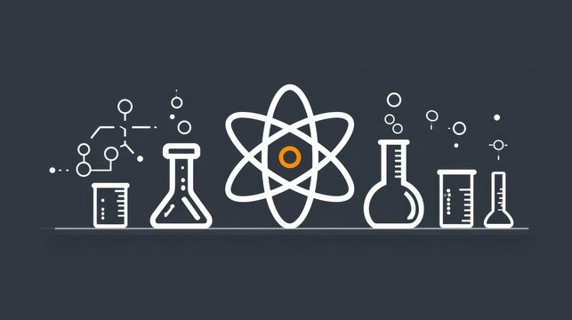 Scientific symbols and atom illustration with chemistry lab icons on dark background - Powered by Adobe