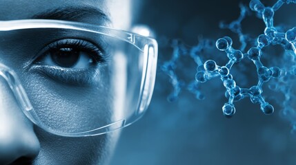 Close-up of caucasian female scientist in glasses with molecular structure background