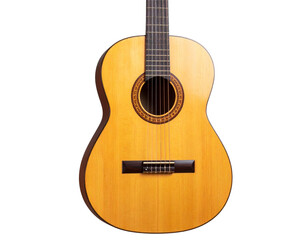Obraz premium Acoustic guitar with six strings isolated on a white background