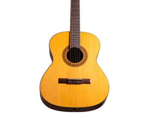 Obraz premium Acoustic guitar with six strings isolated on a white background