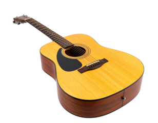 Acoustic guitar with six strings isolated on a white background