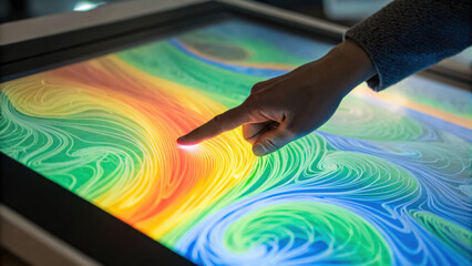 Curious person finger interacts with an abstract light display on large touch screen. This modern tech visualizes fluid data related to global sustainability and diversity