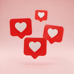 Multiple red social media heart notification icons floating on a pink background