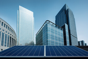 Solar panels on a rooftop with modern glass skyscrapers in the background, representing clean energy, renewable technology, and sustainable urban development.