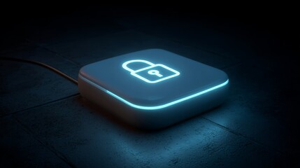 Futuristic glowing lock icon on dark background emphasizing cybersecurity theme