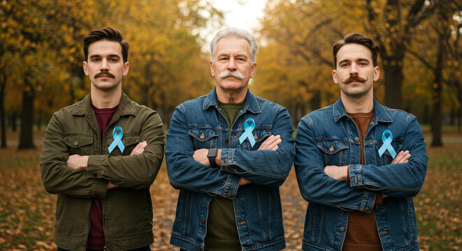 Prostate cancer awareness men with blue ribbon standing in autumn park, Men’s Health Awareness Month support and solidarity - Powered by Adobe