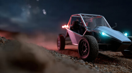 A sharp focus on a sleek off-road vehicle captured at night, with glowing lights reflecting a blend of technology and adventure in a dramatic setting.