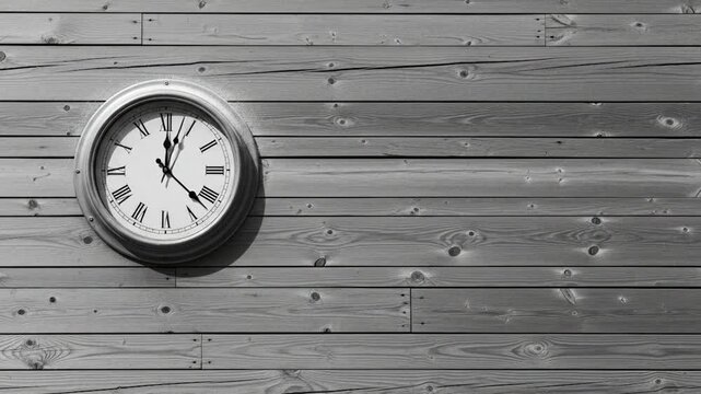 An analog clock with Roman numerals in a round metallic frame is mounted on a weathered grey wooden plank wall illuminated by light casting a shadow