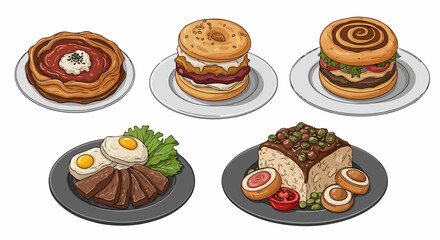 Gourmet comfort food illustrations showcasing a variety of popular dishes for breakfast, lunch, and dinner