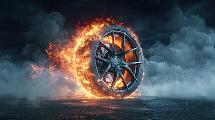 Car tire in motion surrounded by blazing fire flames and smoke on asphalt road at night