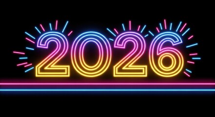 Neon sign with the year 2026 in colorful glowing lights