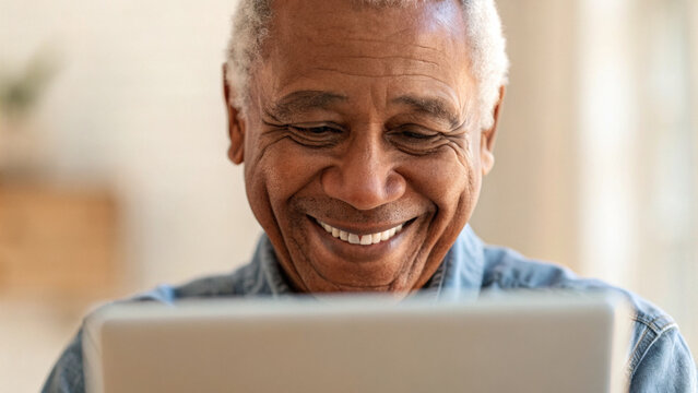 Happy senior Black man representing diversity and learning about sustainability with modern tech. His joyful smile reflects deep connection using his digital device at home