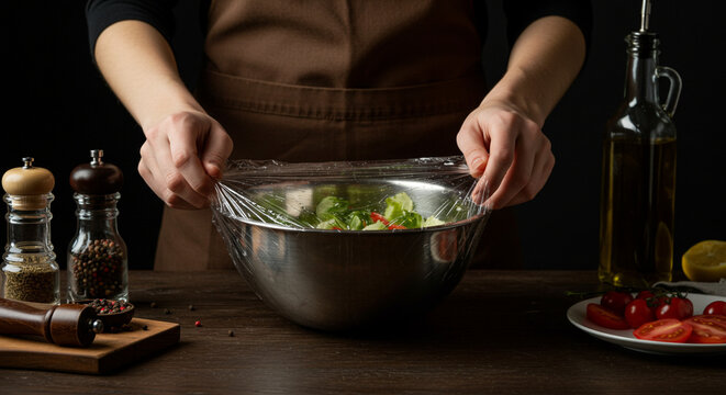 Woman wrapping stainless steel salad bowl with cling film, homemade food preparation