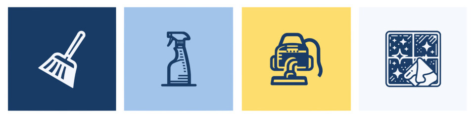 Collection of minimalist line icons representing various cleaning and sanitation tools for web and print