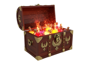 An open treasure chest overflowing with glowing, fiery bottles of magical elixirs, set against a stark black backdrop.