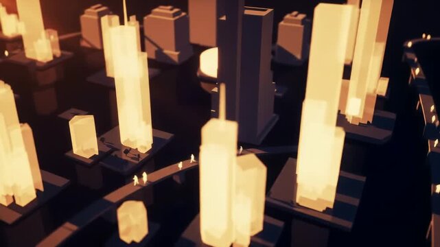City lights icons: skyscrapers, night, urban, modern, architecture