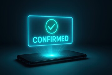 Digital confirmation message on smartphone screen with glowing holographic display.