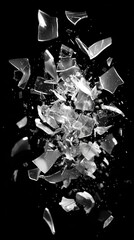 Shattered glass in dynamic motion on black background