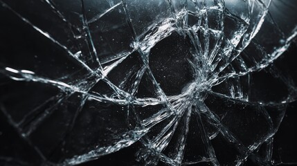 Shattered glass with radial cracks on dark background
